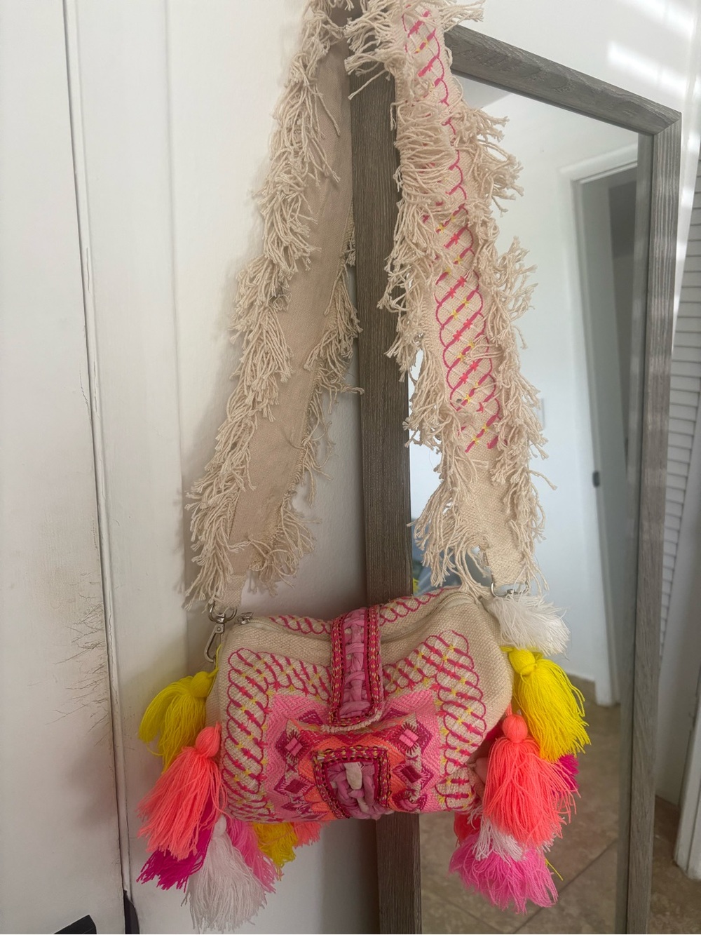 Boho Fabulous New York Embroidered Crossbody Bag - Pink & Yellow Pom Pom